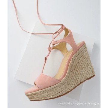 CUTE BLUSH SUEDE LEATHER LACE-UP ESPADRILLE WEDGES